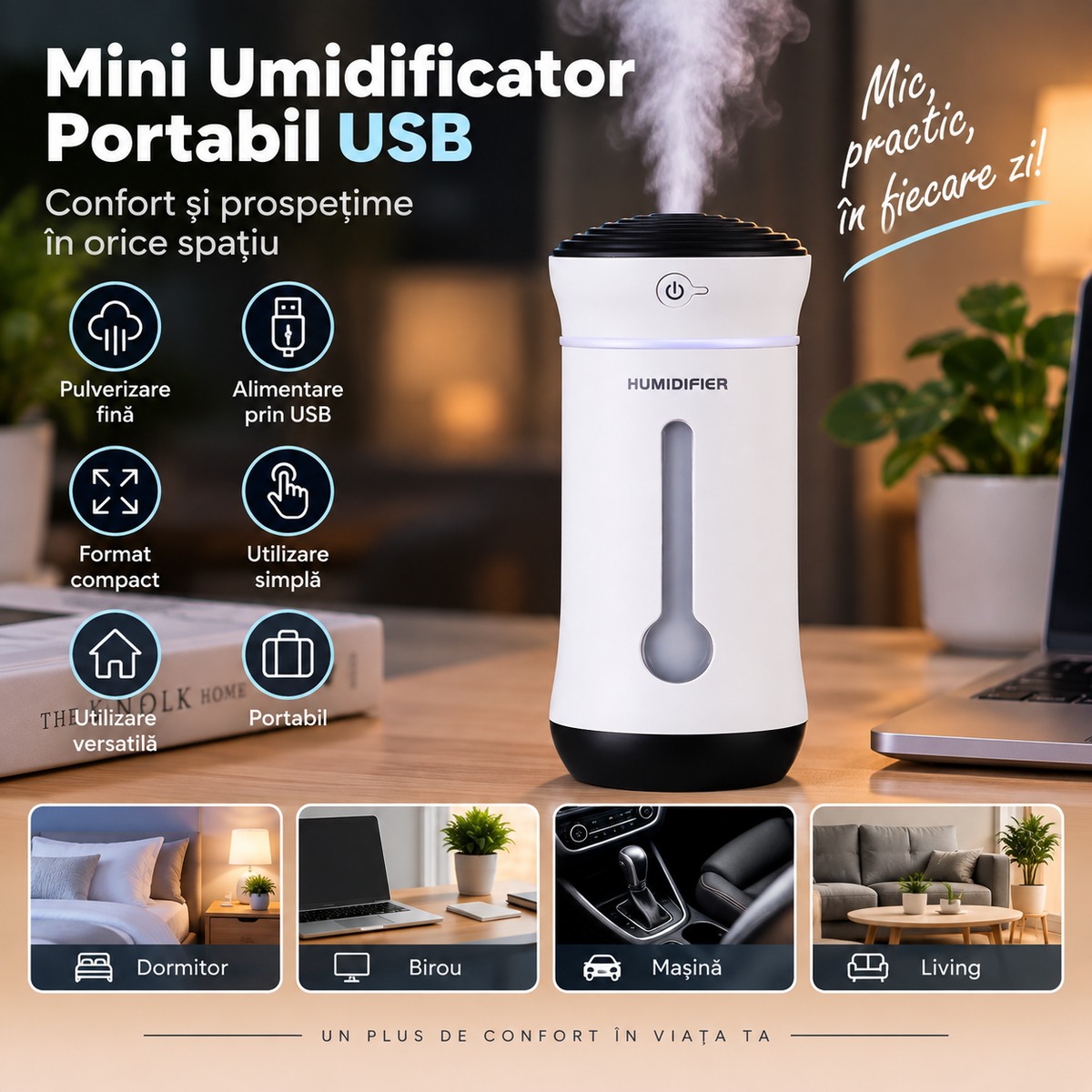 Mini Umidificator Portabil USB – Difuzor de Aromă pentru Cameră și Mașină