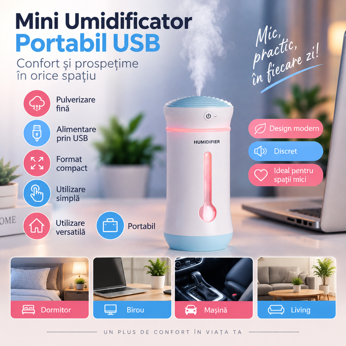 Mini Umidificator Portabil USB – Difuzor de Aromă pentru Cameră și Mașină