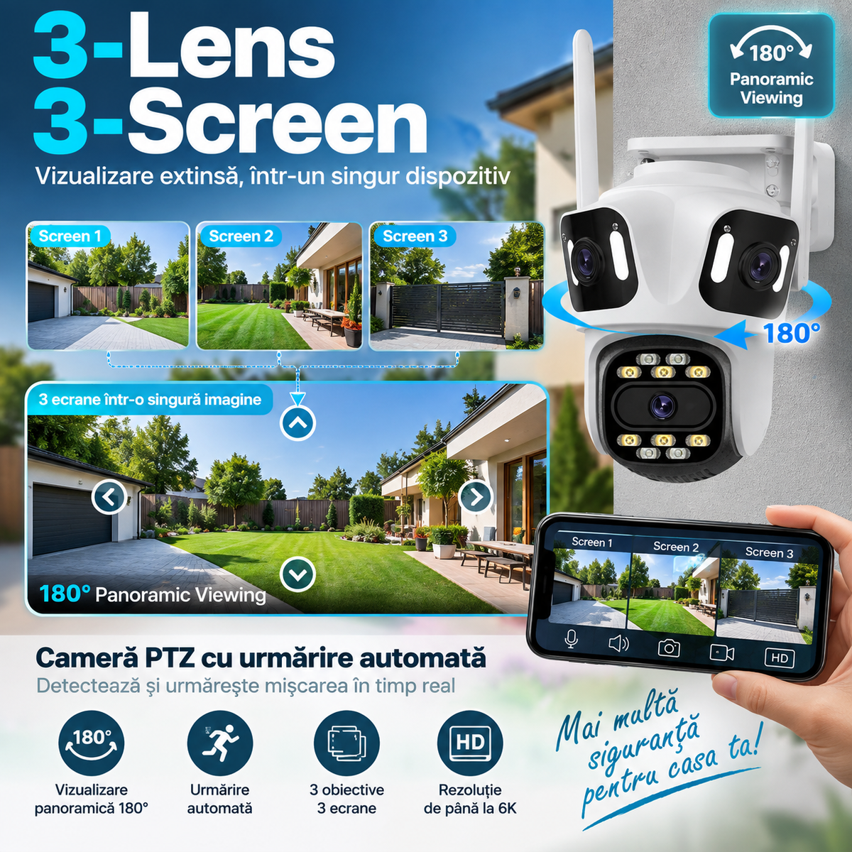 Cameră de Supraveghere Exterior 6K WiFi cu 3 Obiective – Vedere 360°