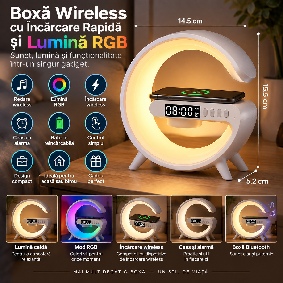 Boxă Bluetooth wireless cu iluminare RGB