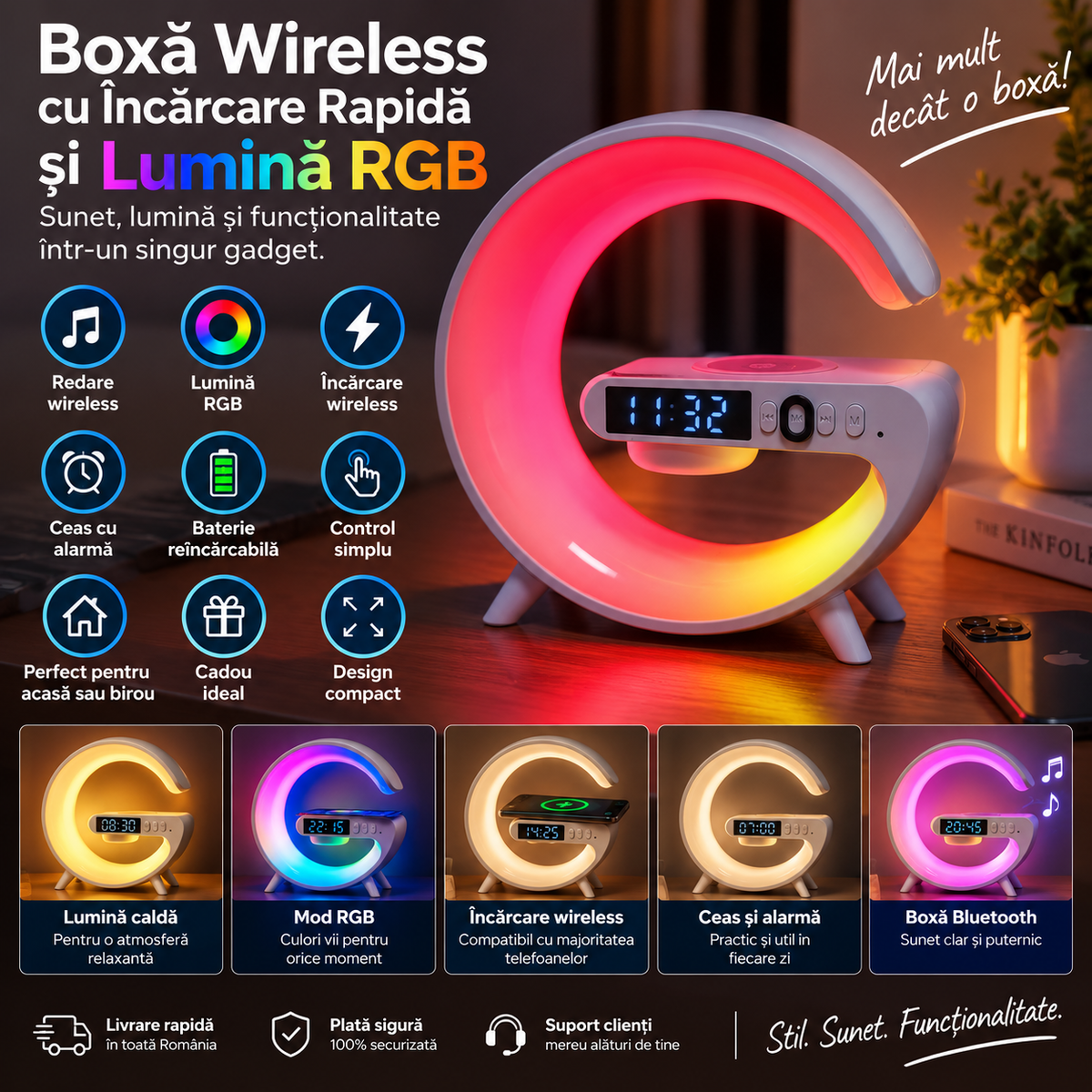Boxă Bluetooth wireless cu iluminare RGB