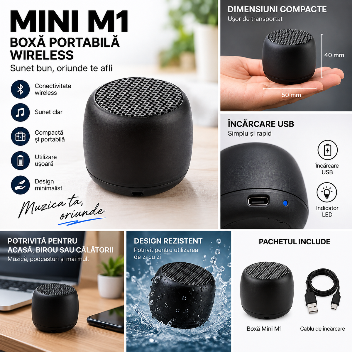 Boxă Portabilă Wireless Mini M1 cu Subwoofer – Bass Puternic