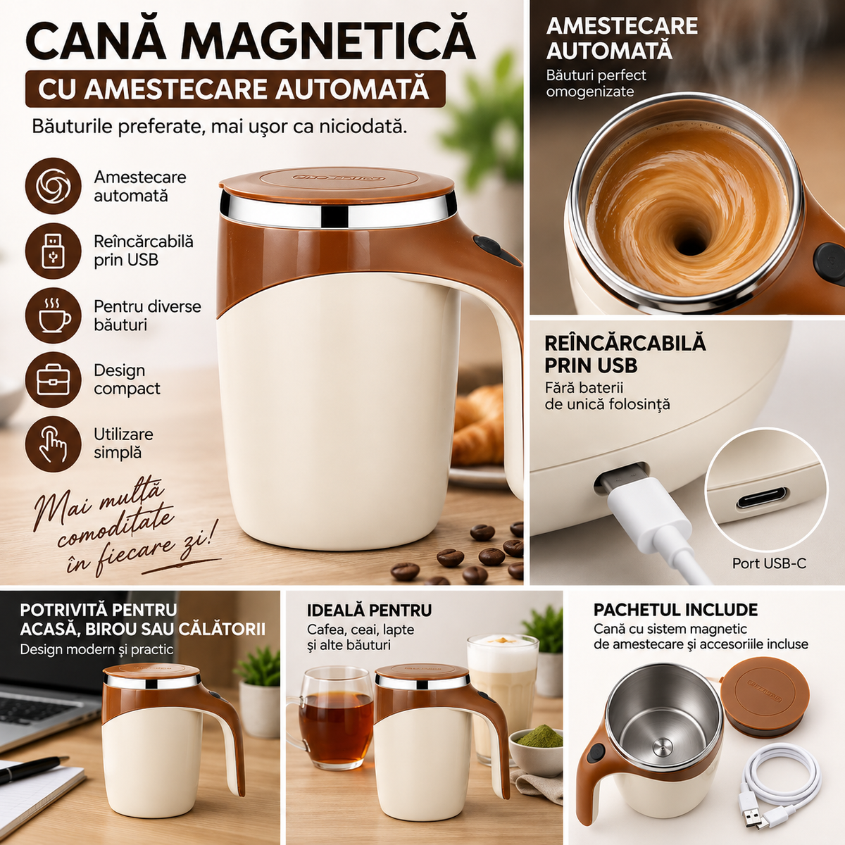 Cană reîncărcabilă USB cu amestecare magnetică automată