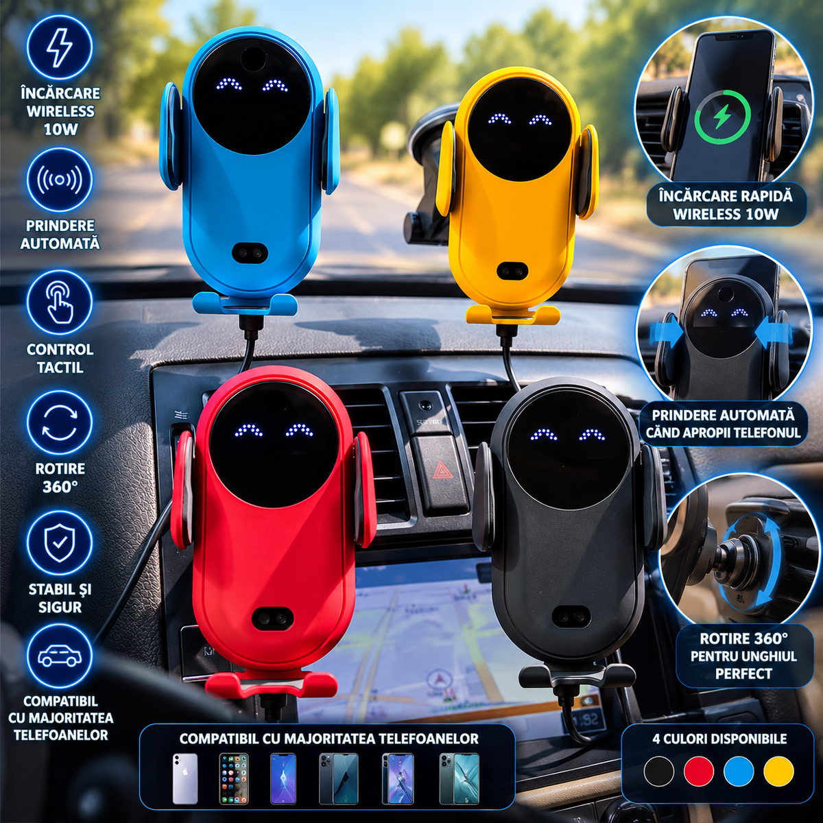 Suport Auto cu Încărcare Wireless prin Inducție 10W – Prindere Automată
