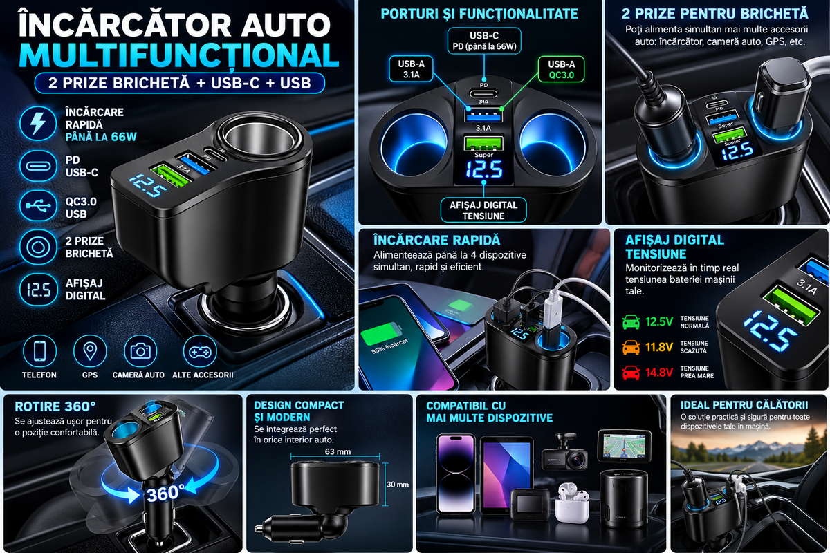 Încărcător Auto Multifuncțional cu Priză Brichetă, USB-C + USB și Afișaj Digital – până la 66W