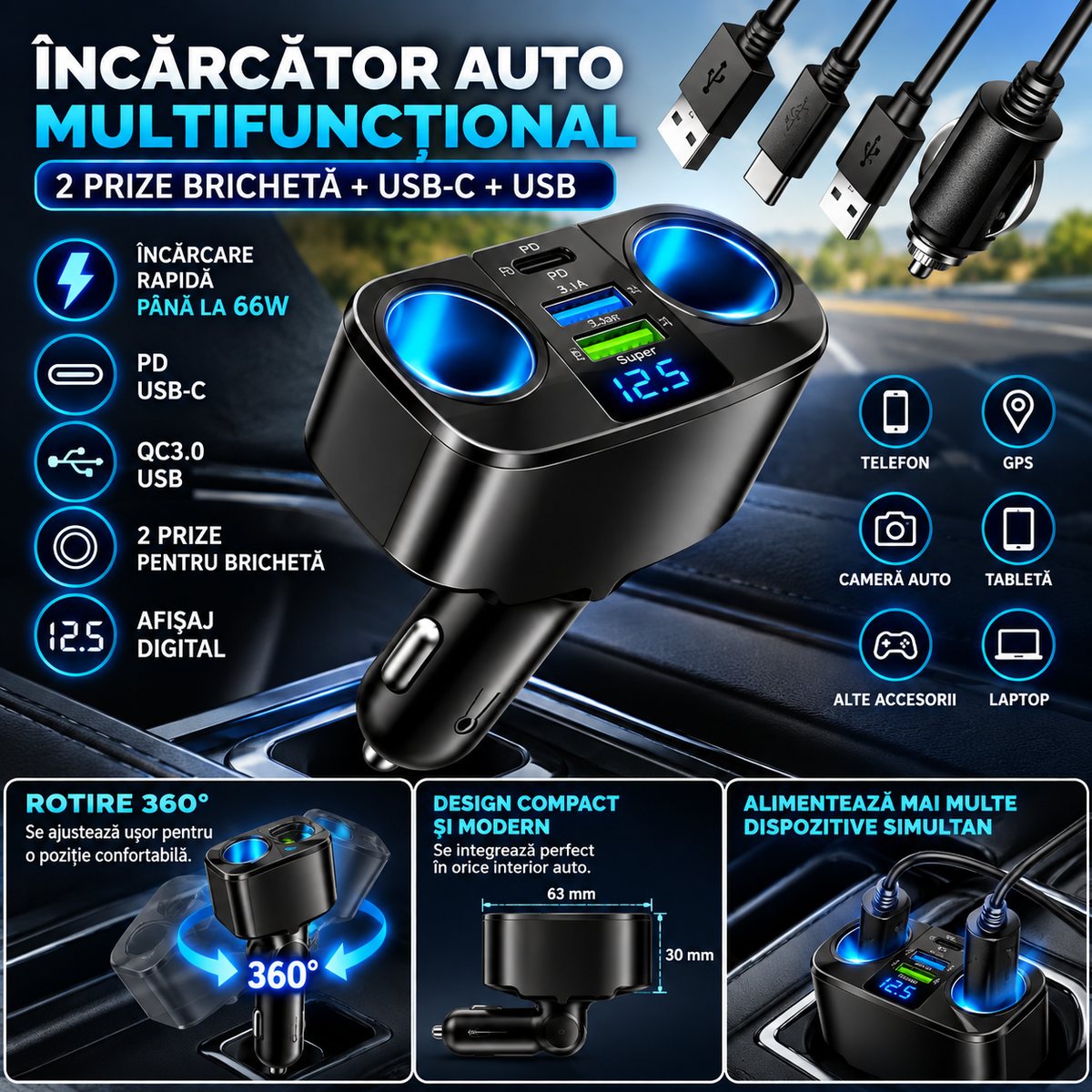 Încărcător Auto Multifuncțional cu Priză Brichetă, USB-C + USB și Afișaj Digital – până la 66W