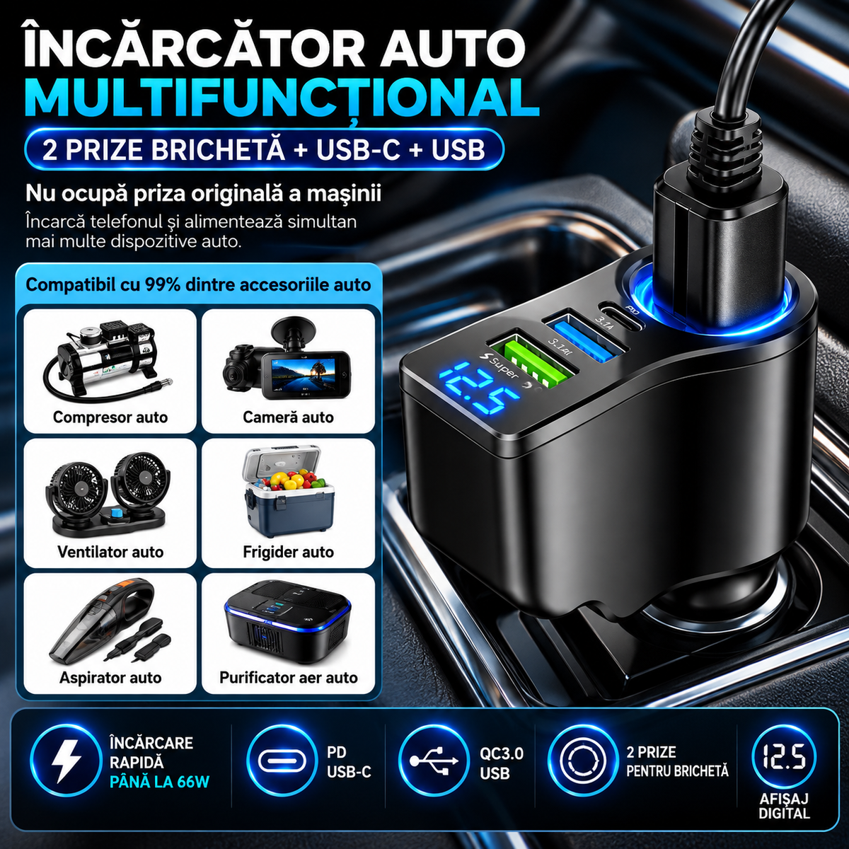 Încărcător Auto Multifuncțional cu Priză Brichetă, USB-C + USB și Afișaj Digital – până la 66W