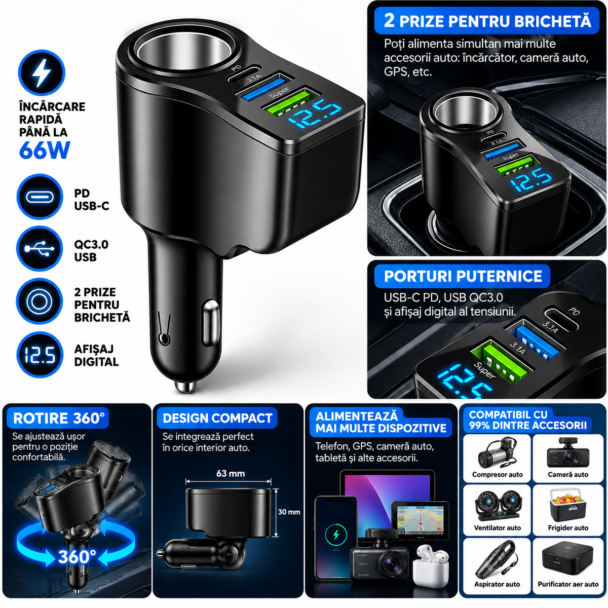 Încărcător Auto Multifuncțional cu Priză Brichetă, USB-C + USB și Afișaj Digital – până la 66W