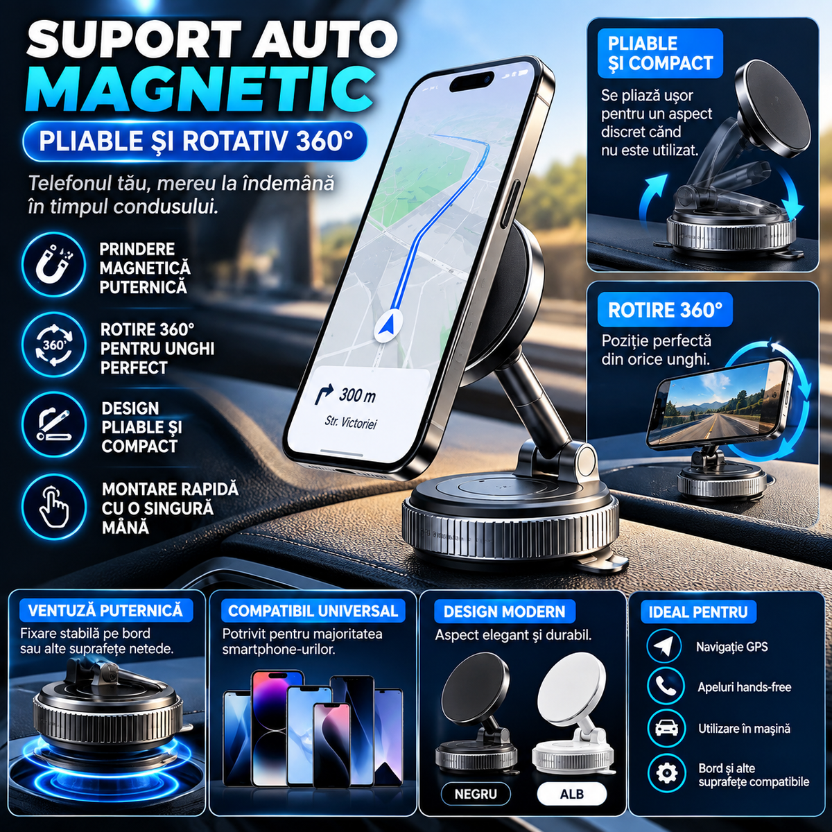 Suport Auto Magnetic pentru Telefon, Pliabil 360° cu Ventuză – Negru/Alb