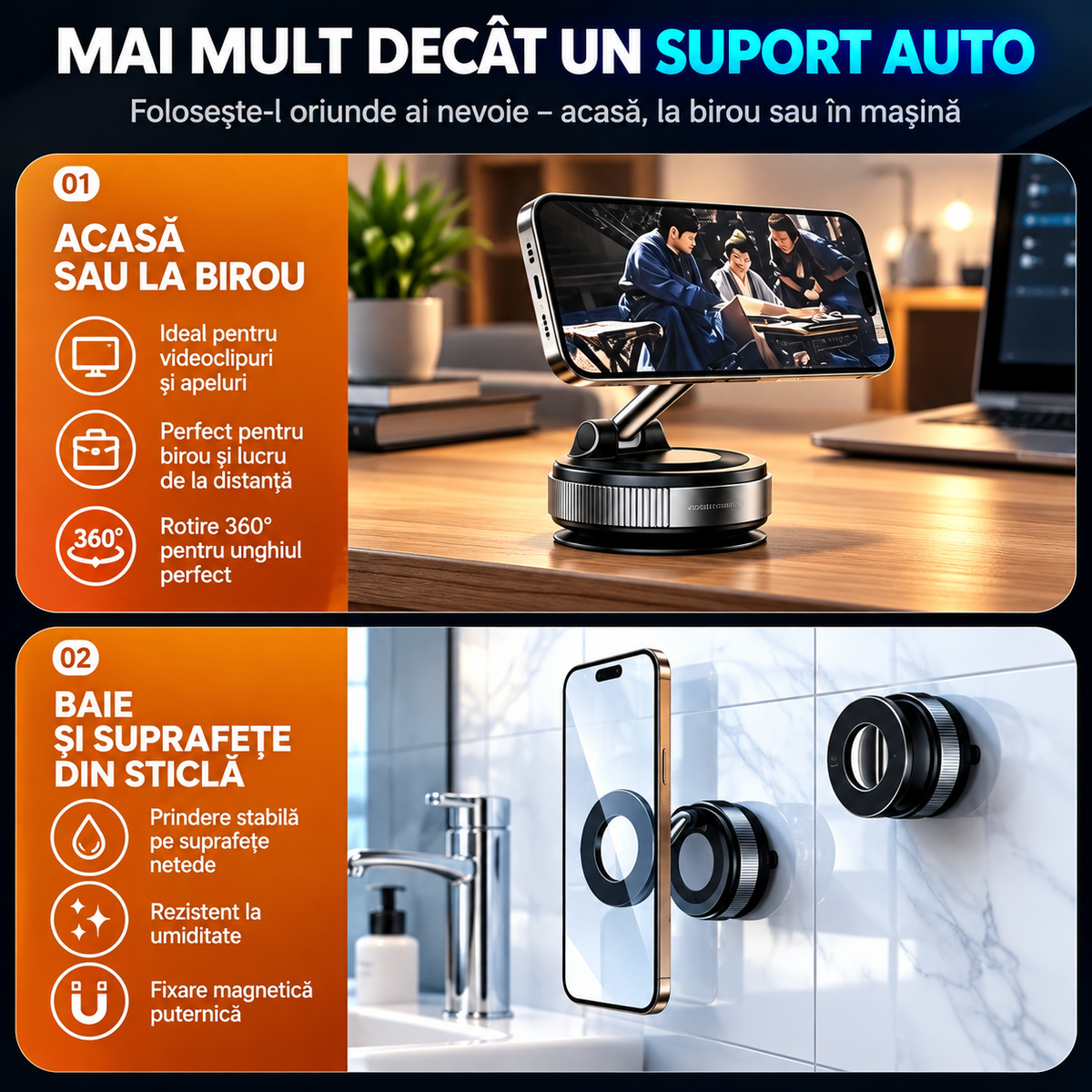 Suport Auto Magnetic pentru Telefon, Pliabil 360° cu Ventuză – Negru/Alb