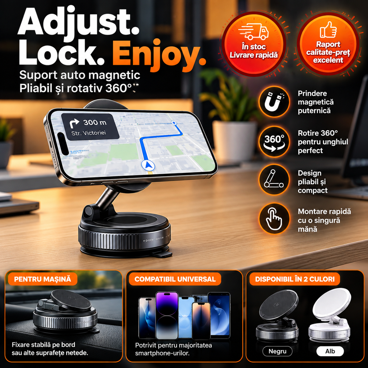 Suport Auto Magnetic pentru Telefon, Pliabil 360° cu Ventuză – Negru/Alb