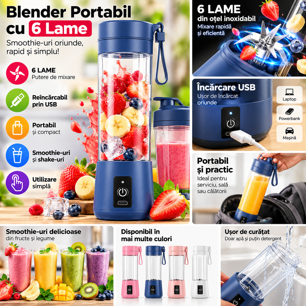 Blender Portabil cu 6 Lame – Reîncărcabil USB pentru Smoothie și Shake-uri