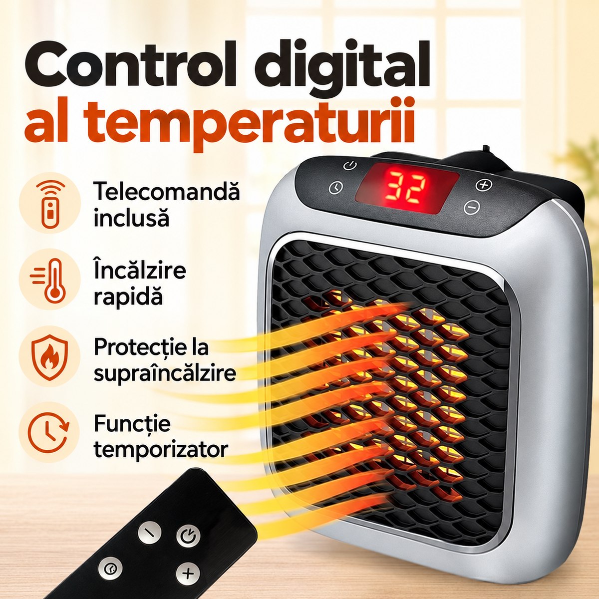 Aerotermă ceramică de perete, 800 W, cu control digital