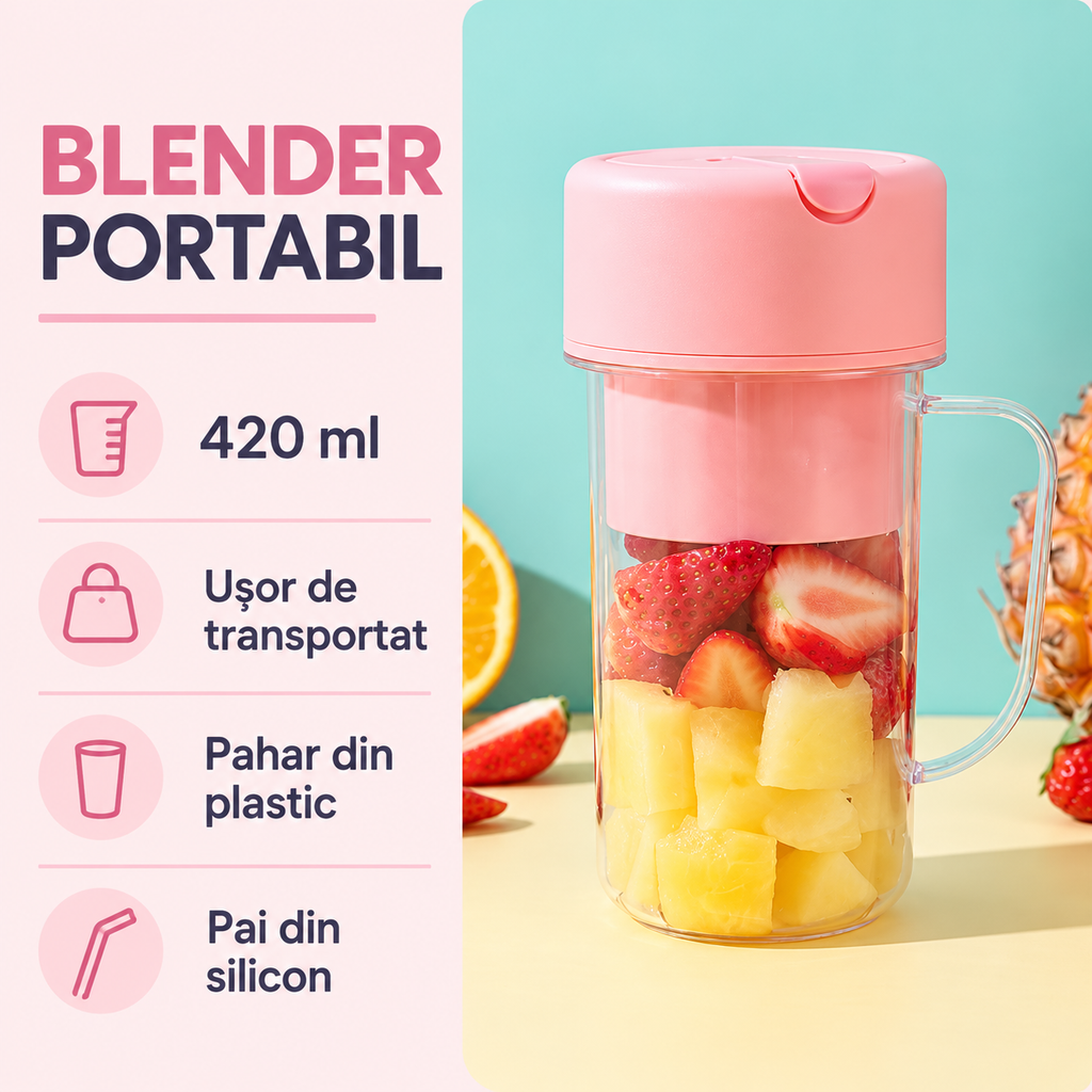 Blender portabil pentru smoothie-uri, 70 W – roz sau verde