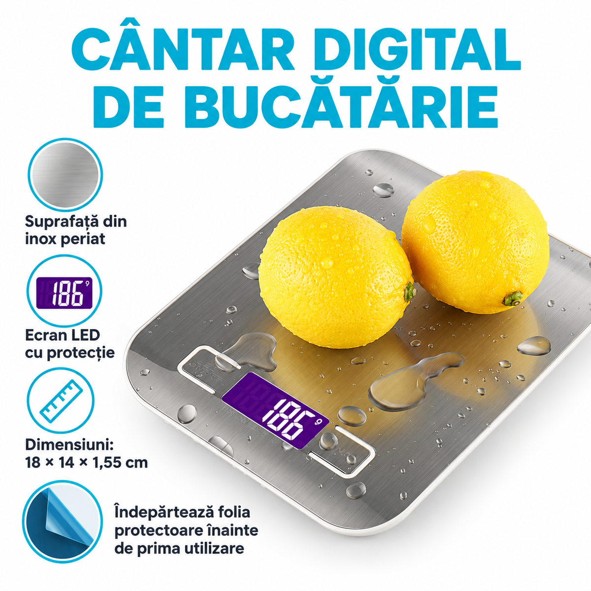 Cântar digital de bucătărie din inox, până la 5 kg