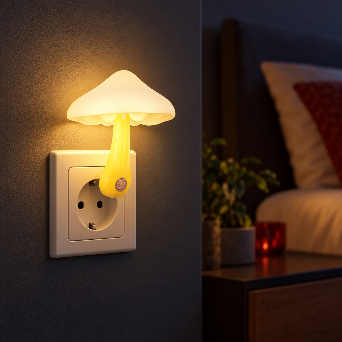 LED Night Light Mushroom Wall Socket Lamp EU US Plug Warm White Light-control Sensor Bedroom Light Home Decoration