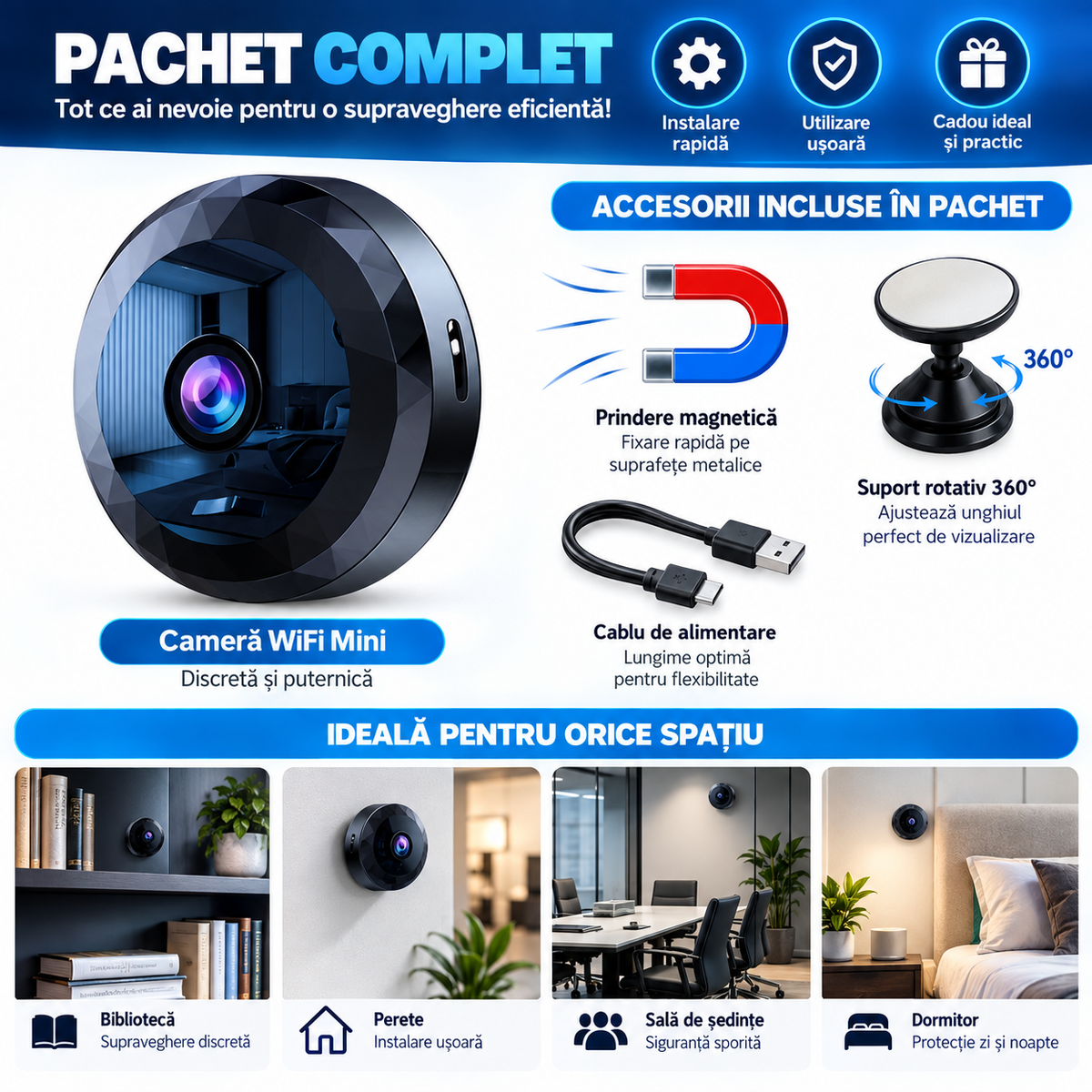 Cameră de Supraveghere WiFi Mini 1080P cu Vedere Nocturnă