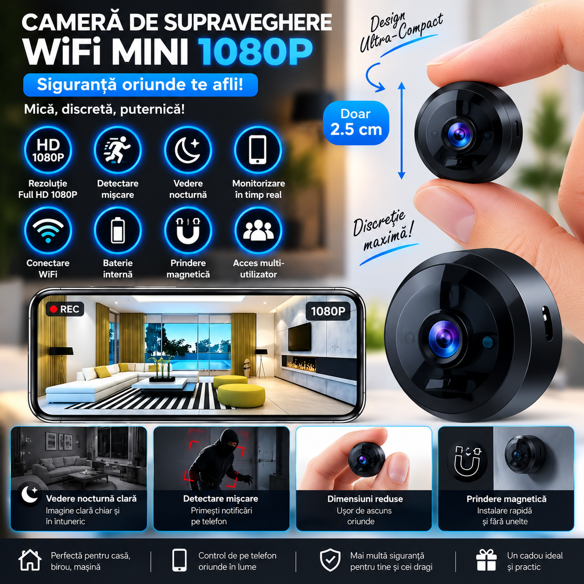 Cameră de Supraveghere WiFi Mini 1080P cu Vedere Nocturnă