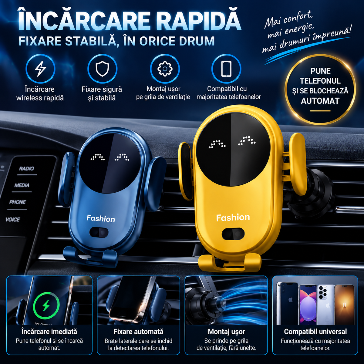 Suport Auto cu Încărcare Wireless prin Inducție 10W – Prindere Automată