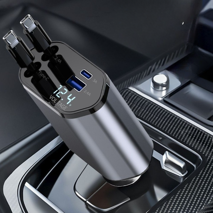 Încărcător Auto Retractabil 4-în-1, 120W cu Cablu USB-C – Încărcare Ultra-Rapidă