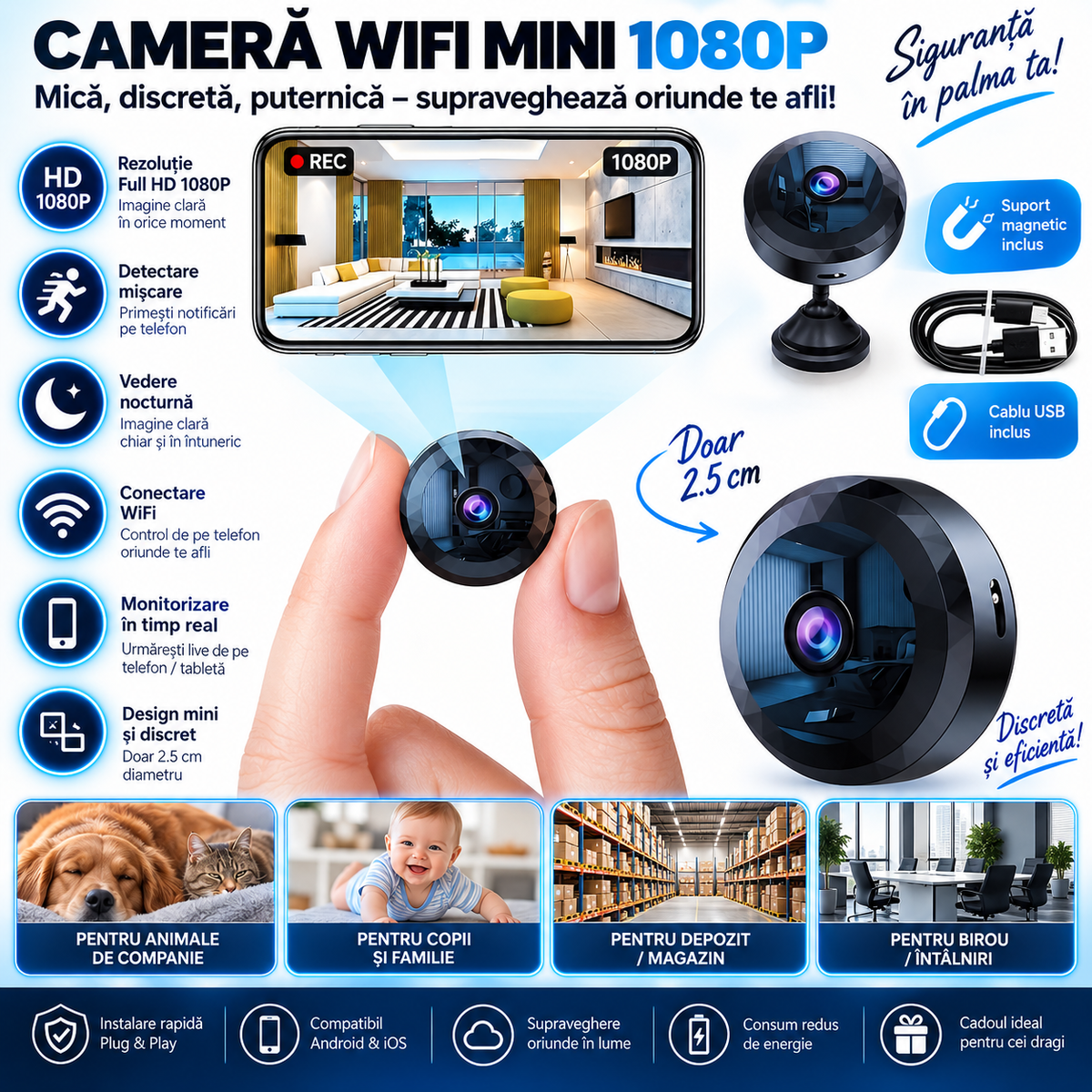 Cameră de Supraveghere WiFi Mini 1080P cu Vedere Nocturnă