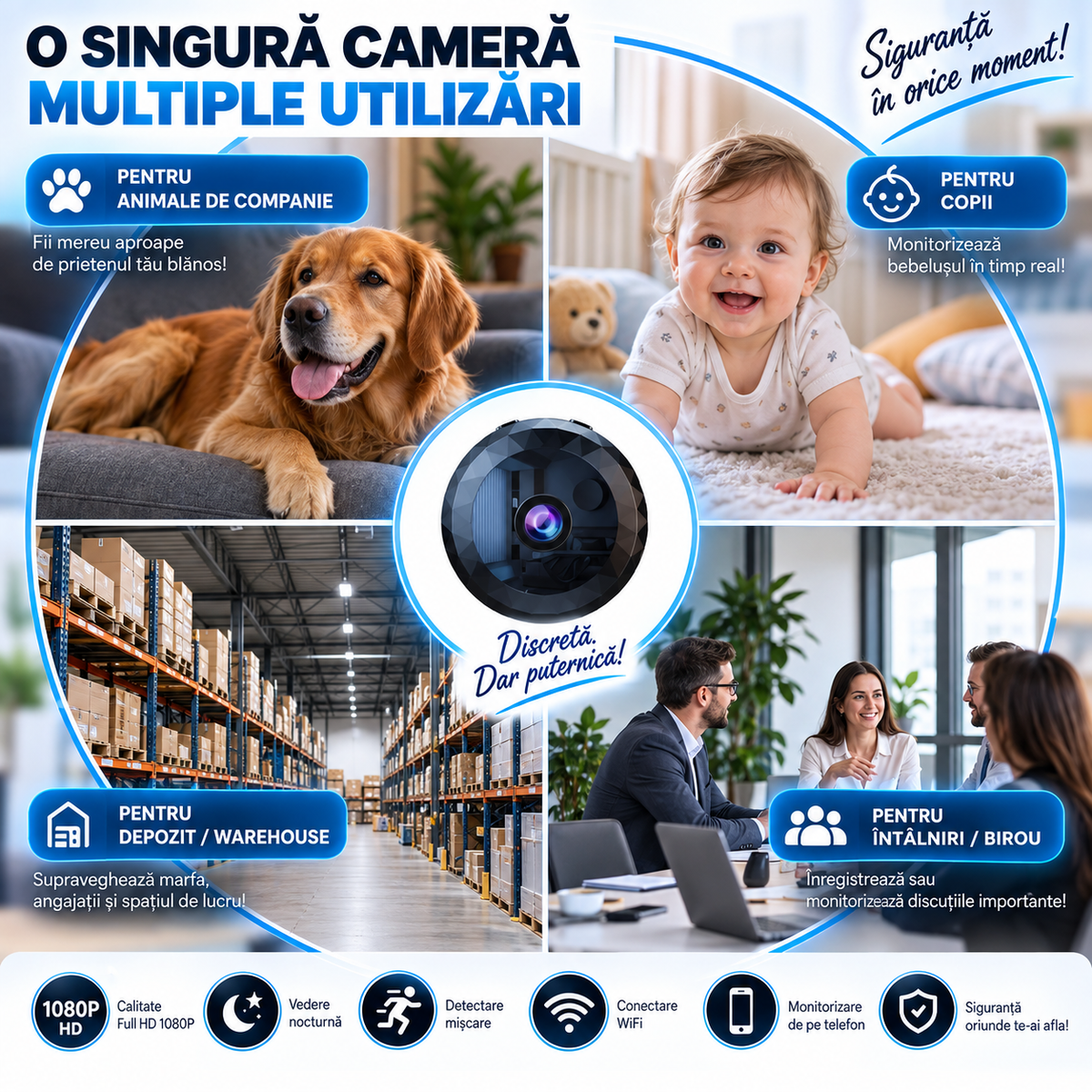 Cameră de Supraveghere WiFi Mini 1080P cu Vedere Nocturnă